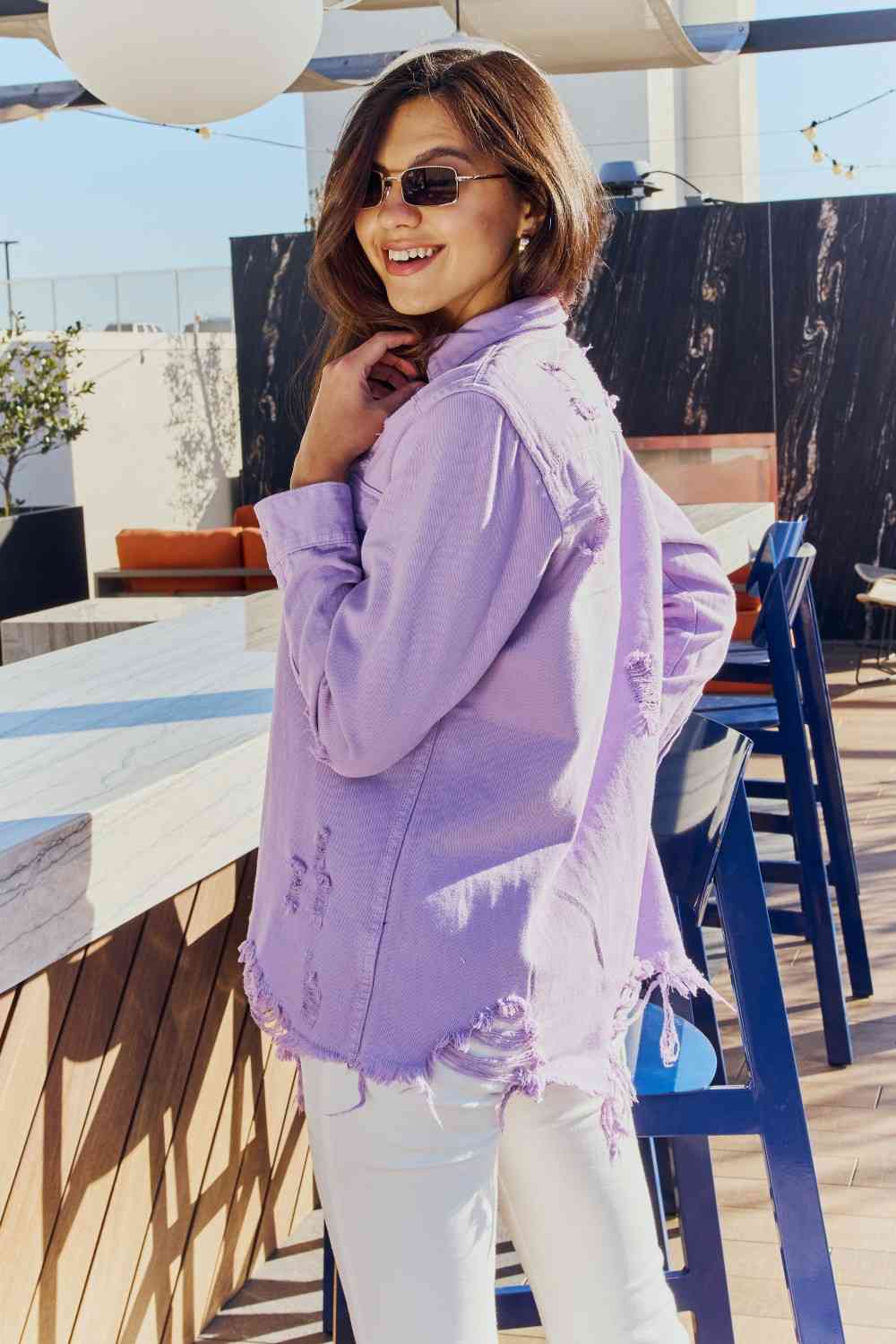 Distressed Button Down Denim Jacket
