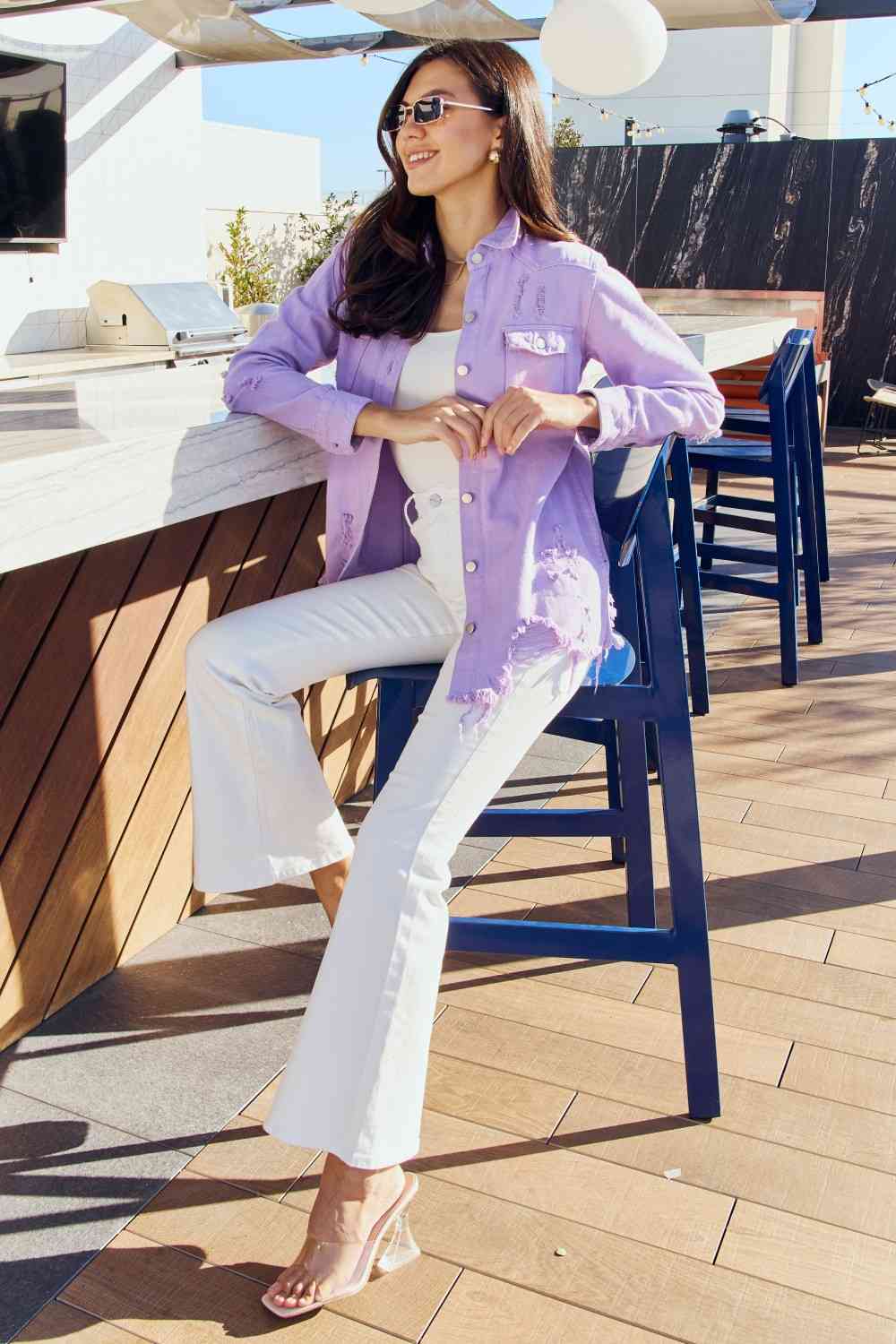 Distressed Button Down Denim Jacket