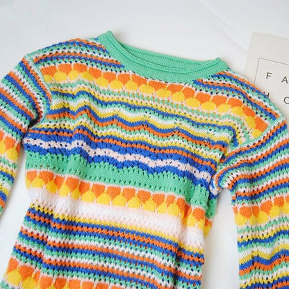 Retro Rainbow Crochet Mini Dress