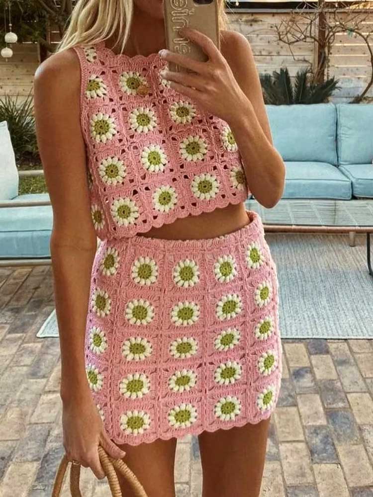 Crochet Pink Floral Top and Skirt Set