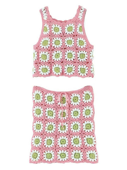 Crochet Pink Floral Top and Skirt Set