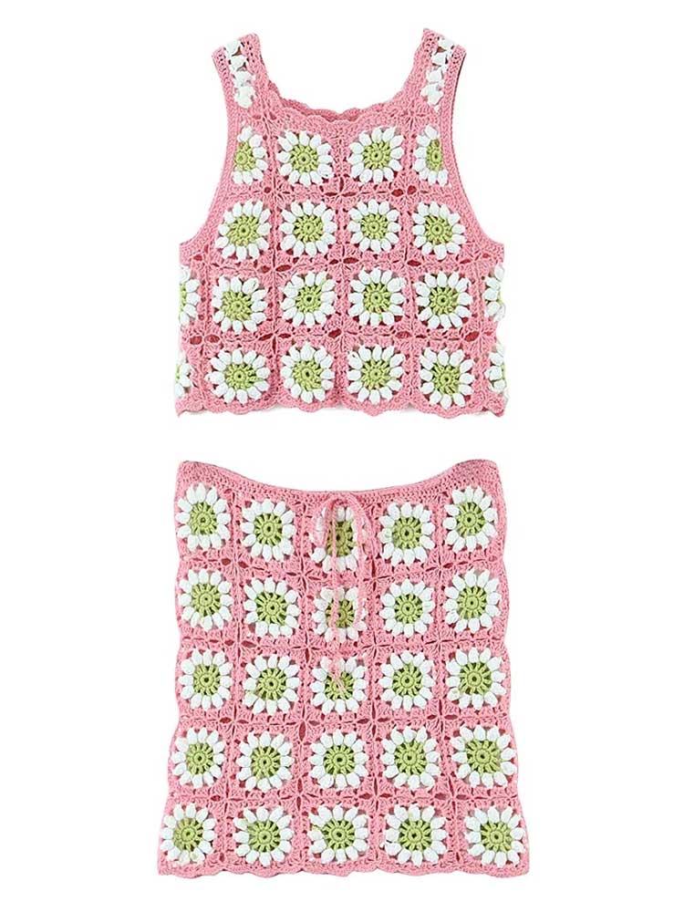 Crochet Pink Floral Top and Skirt Set