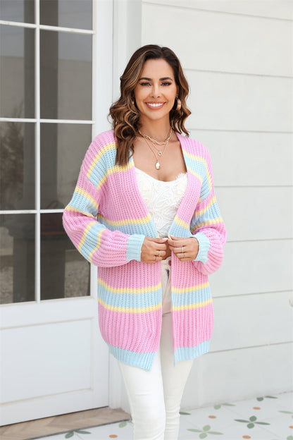 woman in pink striped cardigan