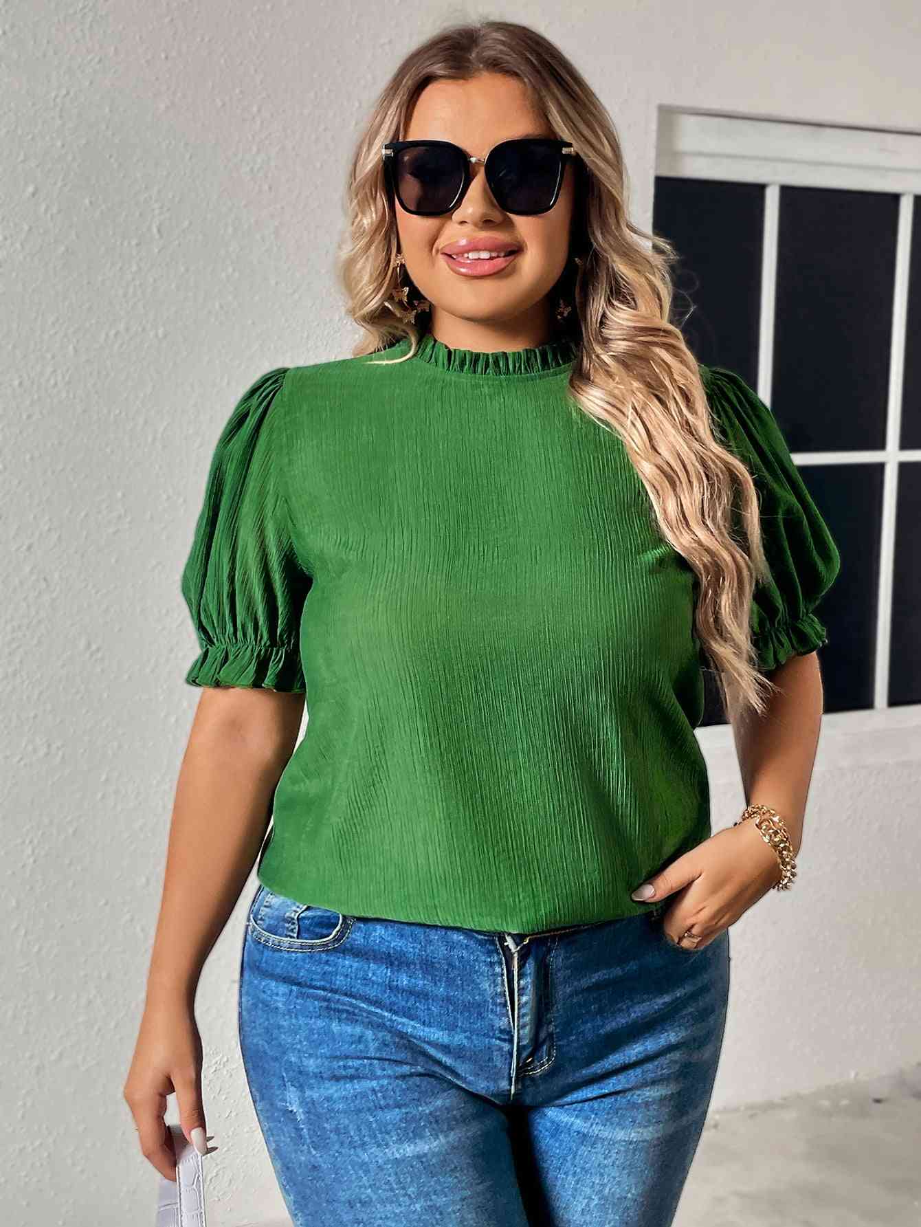 Elegant Plus Size Round Neck Flounce Sleeve Blouse