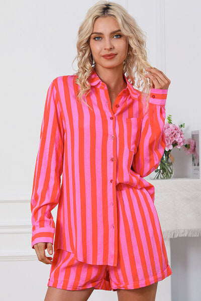 Woman wearing pink striped shirt and short set