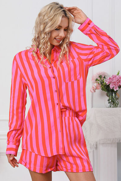 Woman wearing pink striped shirt and short set