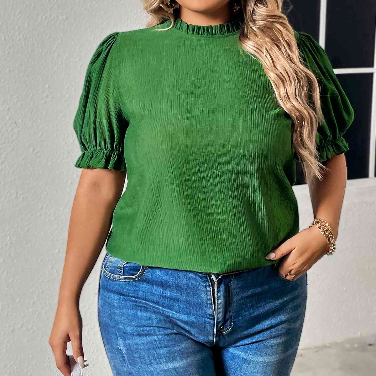 Elegant Plus Size Round Neck Flounce Sleeve Blouse