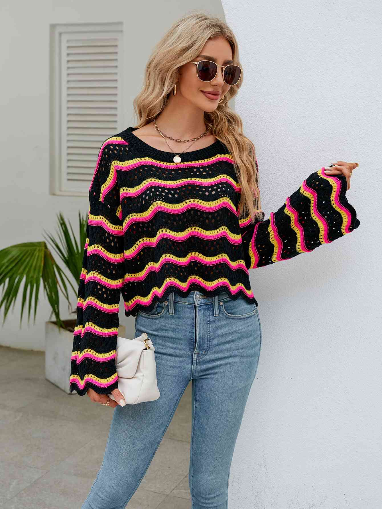 Round Neck Openwork Flare Sleeve Knit Top