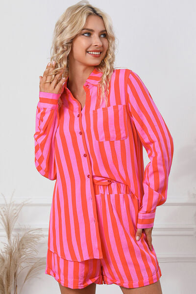 Woman wearing pink striped shirt and short set