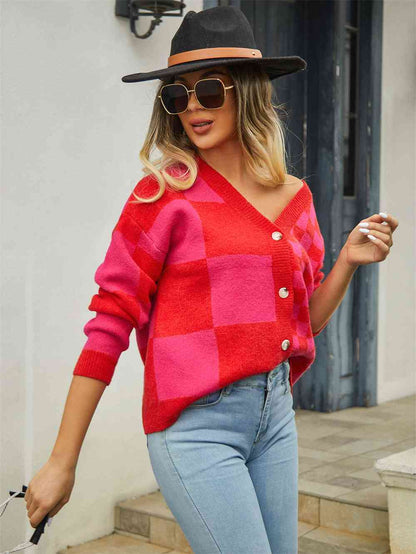 Plaid V-Neck Dropped Shoulder Cardigan