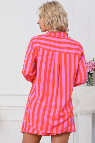 Woman wearing pink striped shirt and short set