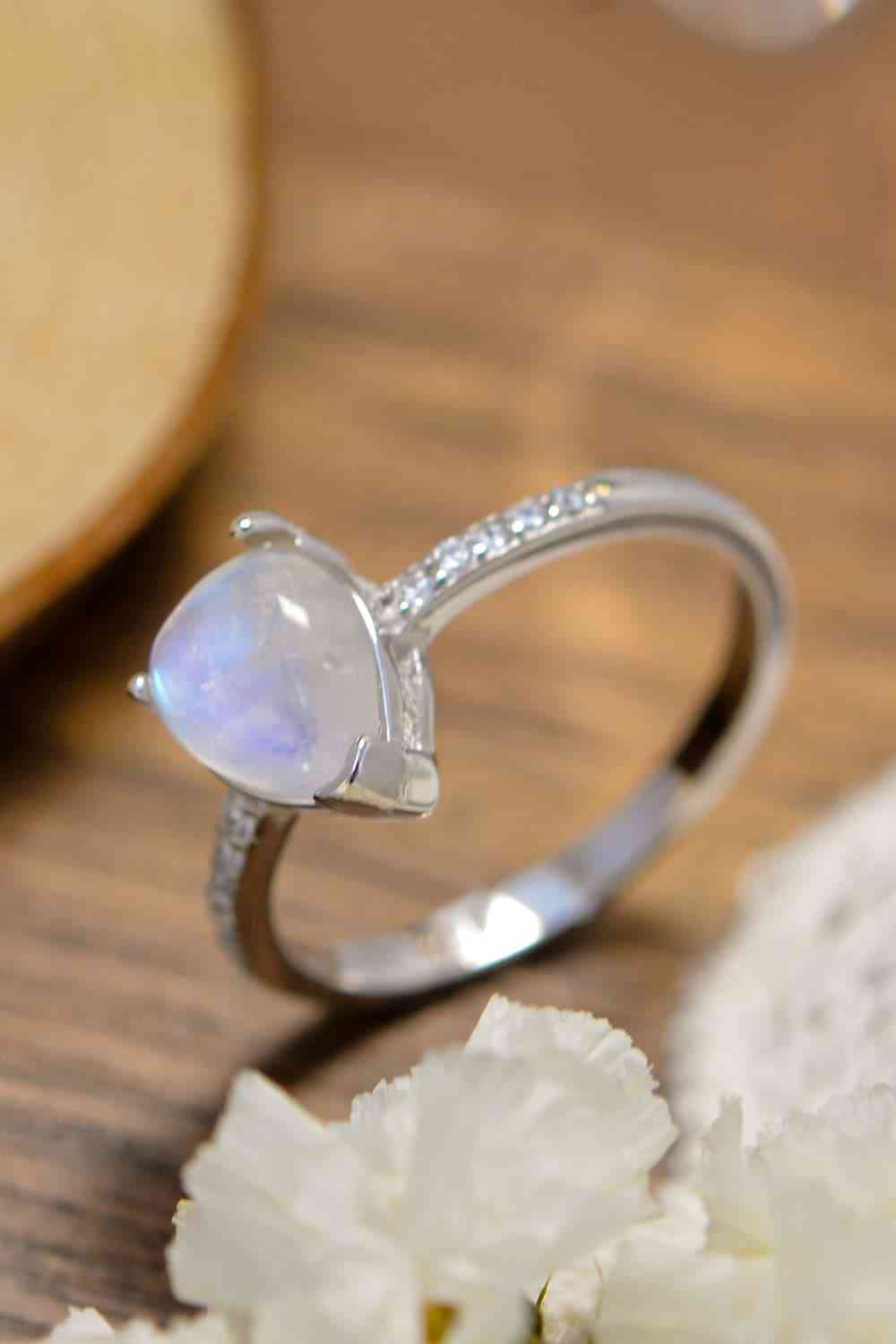 Natural Moonstone Teardrop Side-Stone Ring