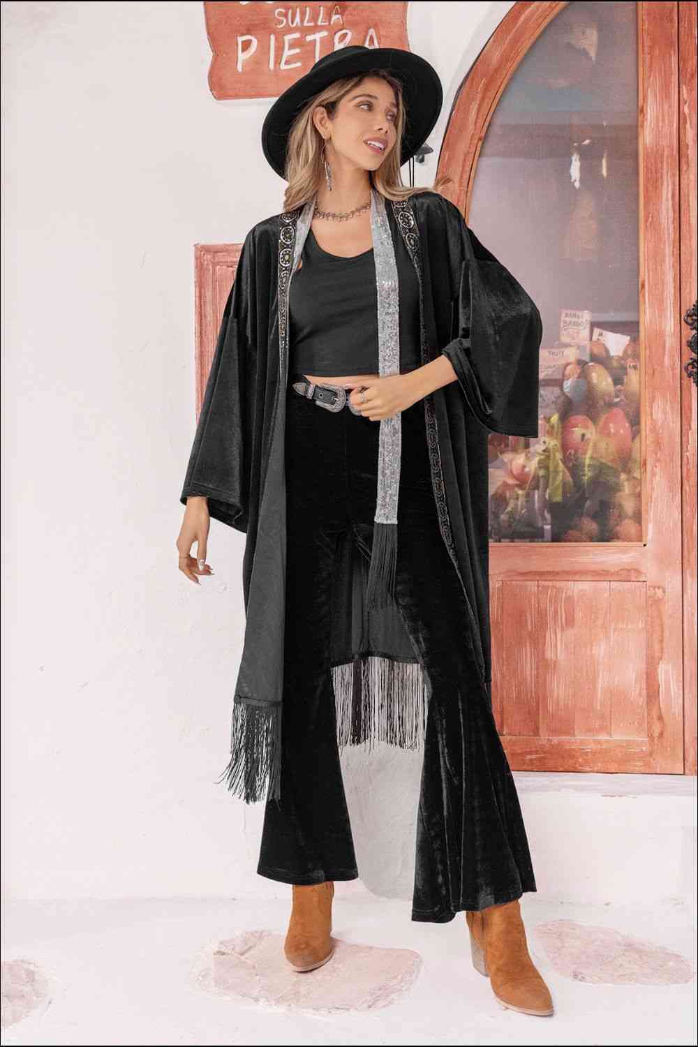 Open Front Fringe Detail Long Sleeve Cardigan