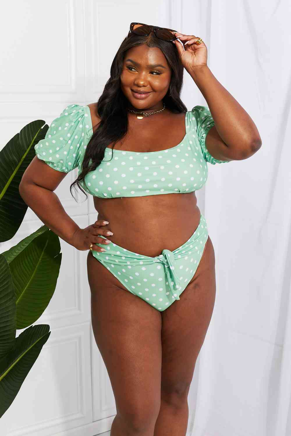 Gum Leaf Polka Dot Puff Sleeve Bikini